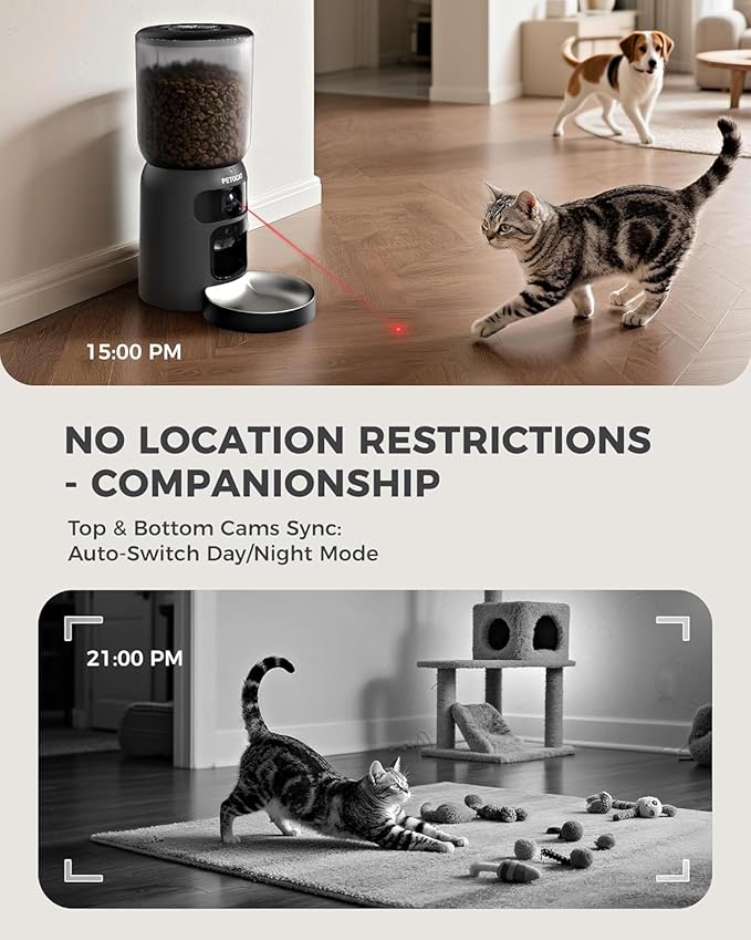 PETOCAT AI Automatic Cat Feeder with 2K HD Dual Cameras,5G&2.4G Wi-Fi 6L Cat Food Dispenser with Cats Recognition& Diet Tracking, Laser Interactive Toy & Two-Way Audio