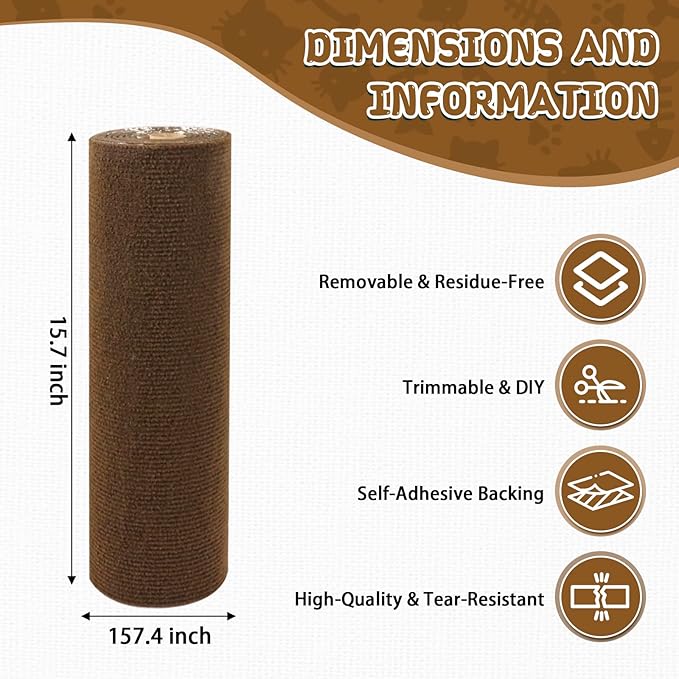 Climbing Cat Scratcher Mat Trimmable Cat Scratching Post Carpet 157.4’’x15.8’’ Self Adhesive Carpet Mat Pad Replacement for Cat Tree Shelves Post Couch Wall Furniture Steps DIY Protector (Brown)