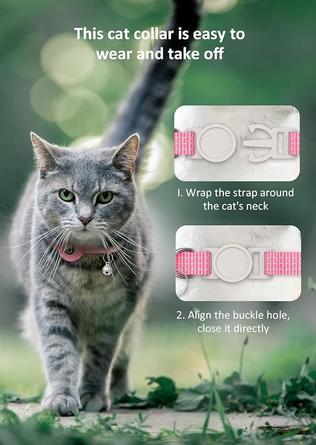 Apple AirTag Cat Collar, GPS Tracker Kitten Collar with Breakaway Feature, Lightweight and Reflective, Perfect for Girl or Boy Cats and Puppies (Luminous Pink)