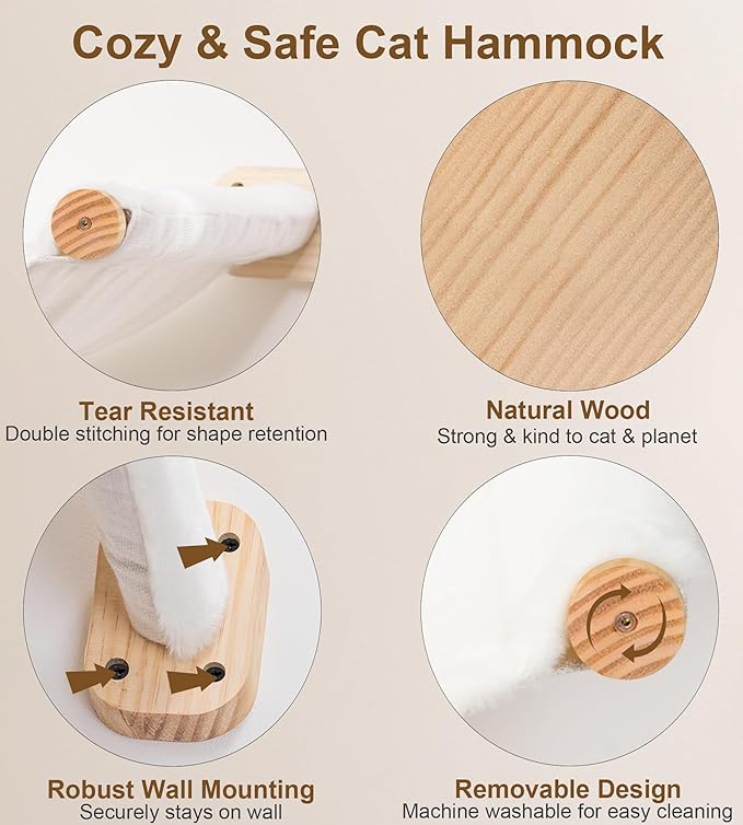 Cat Wall Hammock Set of 4 – 1 Floating Fabric Hammock, 2 Ladders with 4 Steps Each & 1 Flat Shelf – Wall Mounted Cat Bed Furniture Indoor Playground
