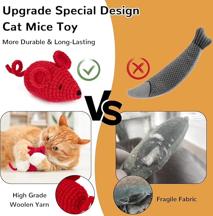 Retro Shaw Catnip Toys Crochet Mouse 6 Pcs - 100% Natural Catnip & Silvervine Blend Yarn Cat Nip Mice, Durable Hand-Knitted Teething Chew Toy for Indoor Cats & Kittens, Interactive Play & Dental Care