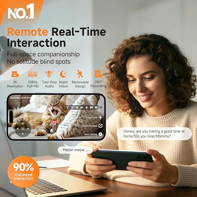 A3 AI Pet Companion Robot with 2K Camera – Smart Pet Robot Camera for Cats & Dogs, Auto Follow, Laser Toy, Night Vision, 2-Way Audio, AI Behavior Reports, Auto Recharge & App Sharing