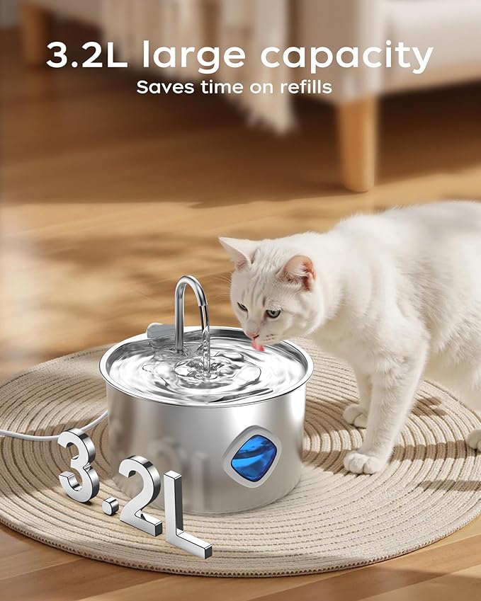 Cat Water Fountain Stainless Steel - 108oz/3.2L Pet Gift Dog Water Dispenser Automatic Silent Cats Dispenser for Drinking Indoor Metal Kitty Spout Fountains with 2 Filters and 2 Sponges