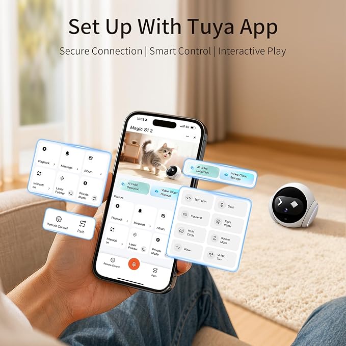 SURPN Pet Camera Robot Companion Monitor – Movable Home Security Cam with 1080P Video, 2.4GHz WiFi, Motion Tracking, Laser Toy, Two-Way Talk – App Control for Dogs & Cats