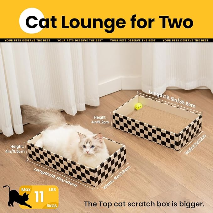 Conlun Cat Scratcher Box with 4 Scratching Pads&2 Separate Cardboard Boxes,2-in-1 Cardboard Cat Scratch for Multiple Kitten Interactive Play,Birthdays Holiday Toys Gift,Checkered-Ball Toy