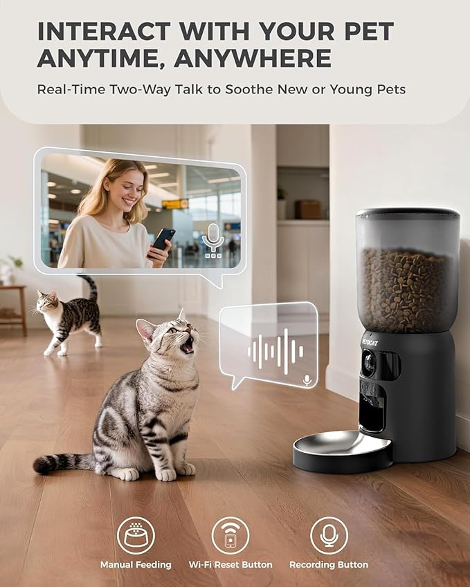PETOCAT AI Automatic Cat Feeder with 2K HD Dual Cameras,5G&2.4G Wi-Fi 6L Cat Food Dispenser with Cats Recognition& Diet Tracking, Laser Interactive Toy & Two-Way Audio