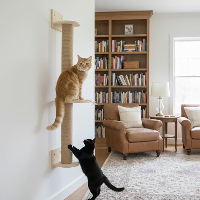 PowerKing Wall Mounted Cat Scratcher, 29 Inch Large Sisal Cat Scratching Post with Hammock, Modern Pine Cat Activity Tree for Kittens, Adult Cats, Sturdy Safe DIY Cat Wall Furniture