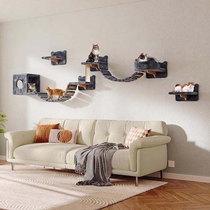 9-in-1 Cat Wall Shelves, Wall Mounted Cat Furniture Set with Plush Fabric, Cat Climbing Wall Systems, Cats Shelf Furniture with Condos, House, Steps, Bridge Ladder, Scratching Post, Grey