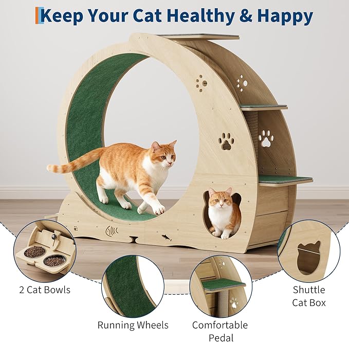 4-in-1 Indoor Cat Running Wheel, Large Quiet Running Wheel with Scratch Pad, Play Roller & Stable Wood Base for Active Cats
