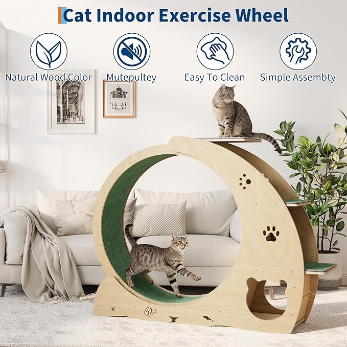 4-in-1 Indoor Cat Running Wheel, Large Quiet Running Wheel with Scratch Pad, Play Roller & Stable Wood Base for Active Cats