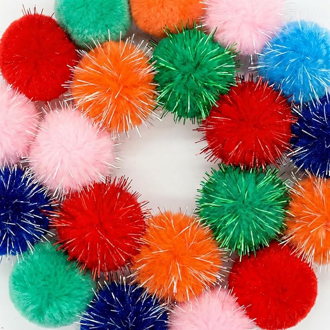 14-Pack Cat Toys Balls - No Bells Quiet Interactive Toys, Soft Pom Poms & Sparkle Balls for Kittens & Adult Cats, Safe for Batting Chasing (7 Sparkle Fuzzy Balls+ 7 Yarn Balls)