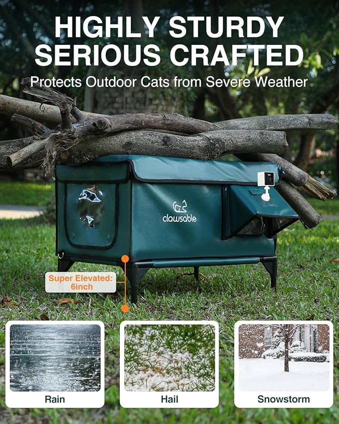 Indestructible Heated Cat House with Pet Camera for Outside Winter, 100% Waterproof, Escape Door, Insulated Outdoor Cat Shelter with Heater for Feral Barn Cat Kitty (Forest Green, 25.5"x16"x18")