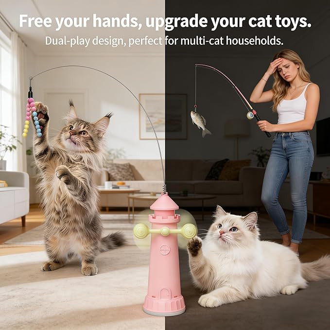 Interactive Cat Toy for Indoor Cats with Strong Suction Cup, Includes Extra Yarn Attachment, Self-Playing Design to Keep Cats Active & Entertained Without Holding a Wand (Cherry Blossom Pink)