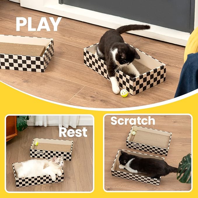 Conlun Cat Scratcher Box with 4 Scratching Pads&2 Separate Cardboard Boxes,2-in-1 Cardboard Cat Scratch for Multiple Kitten Interactive Play,Birthdays Holiday Toys Gift,Checkered-Ball Toy