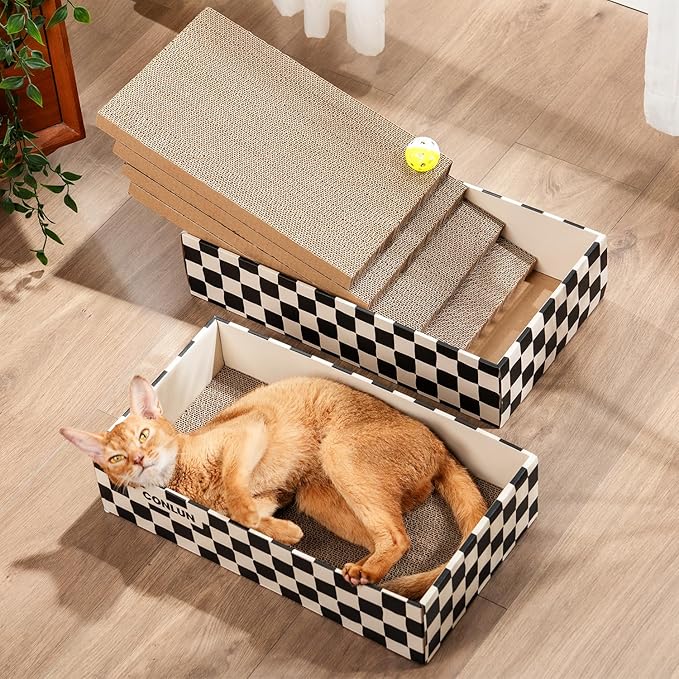Conlun Cat Scratcher Box with 4 Scratching Pads&2 Separate Cardboard Boxes,2-in-1 Cardboard Cat Scratch for Multiple Kitten Interactive Play,Birthdays Holiday Toys Gift,Checkered-Ball Toy