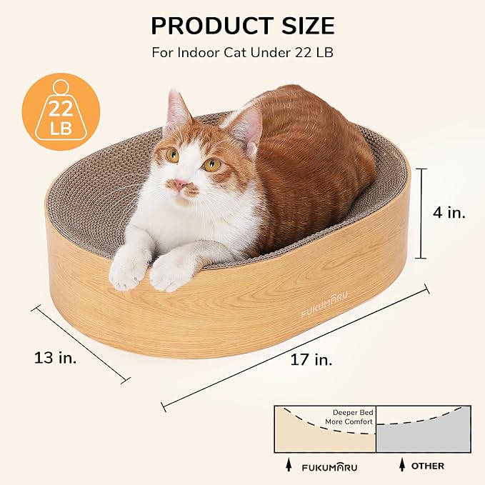 FUKUMARU Cardboard Cat Scratcher Bed, 2-in-1 Oval Cat Scratch Pad, Cats Scratching Board Lounge Bed Indoor, Durable Modern Kitty Scratcher Bowl, Cats Scratch Furniture Protector, Wood Color