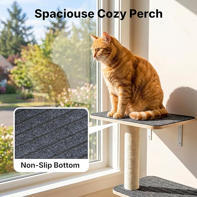 Veehoo Wall Mounted Cat Tree for Large Cats, 66" Tall Cat Wall Climber with Large Perches and Non-Slip Carpet, Cats Wall Shelves Furniture for Climb, Scratch, Lookout and Play