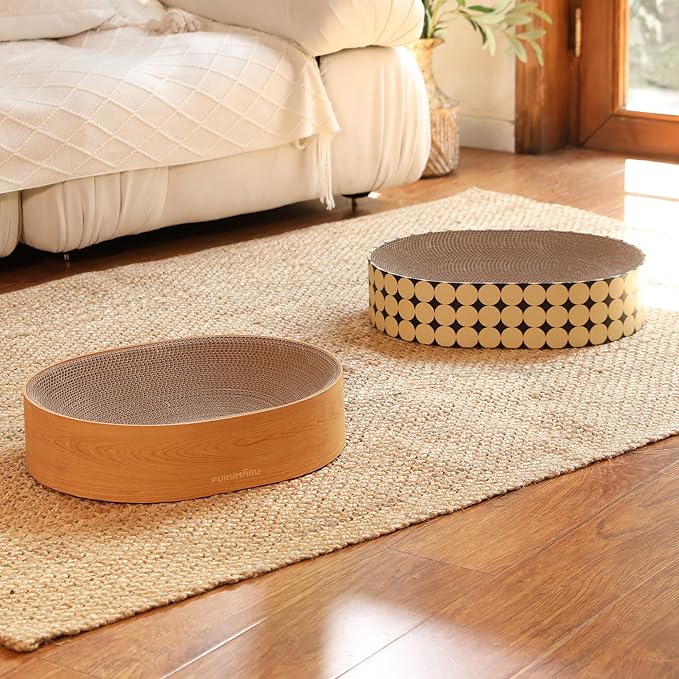FUKUMARU Cardboard Cat Scratcher Bed, 2-in-1 Oval Cat Scratch Pad, Cats Scratching Board Lounge Bed Indoor, Durable Modern Kitty Scratcher Bowl, Cats Scratch Furniture Protector, Wood Color