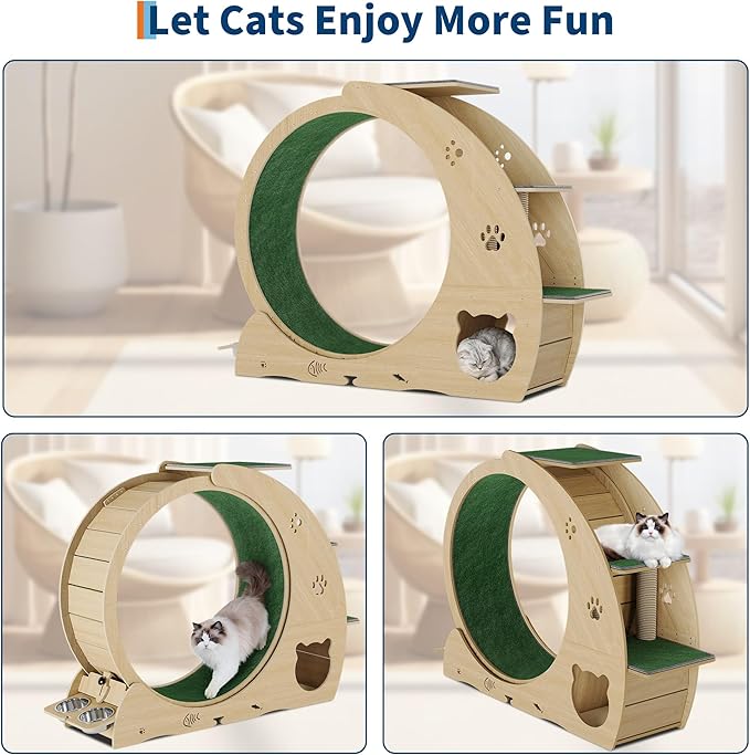 4-in-1 Indoor Cat Running Wheel, Large Quiet Running Wheel with Scratch Pad, Play Roller & Stable Wood Base for Active Cats