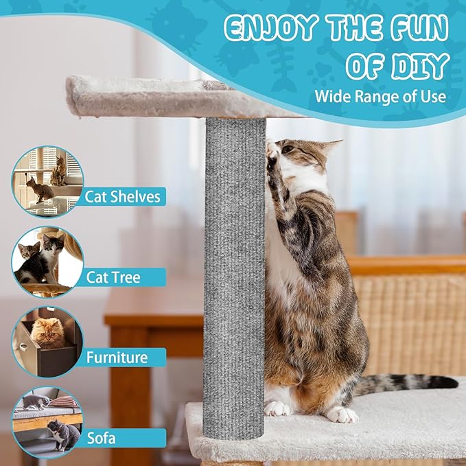 Climbing Cat Scratcher Mat Trimmable Cat Scratching Post Carpet 118’’x15.8’’ Self Adhesive Carpet Mat Pad Replacement for Cat Tree Shelves Post Couch Wall Furniture Steps DIY Protector (Light Gray)
