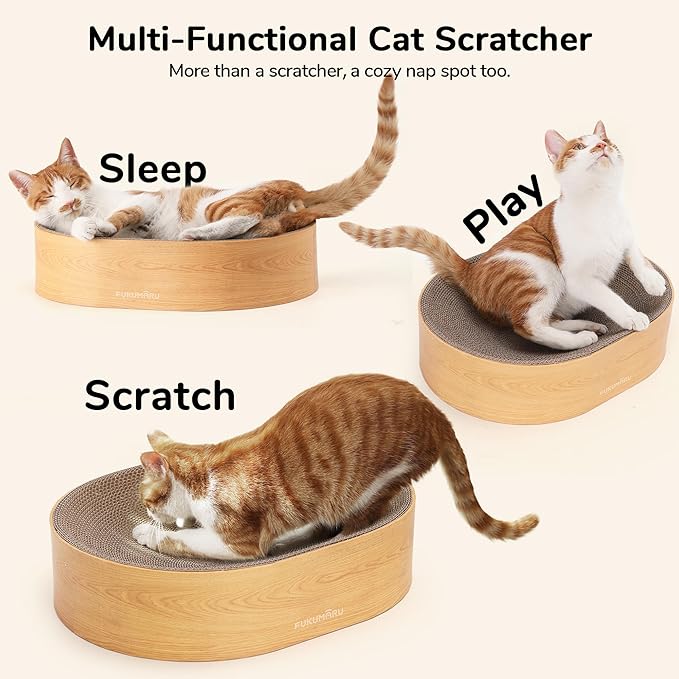 FUKUMARU Cardboard Cat Scratcher Bed, 2-in-1 Oval Cat Scratch Pad, Cats Scratching Board Lounge Bed Indoor, Durable Modern Kitty Scratcher Bowl, Cats Scratch Furniture Protector, Wood Color