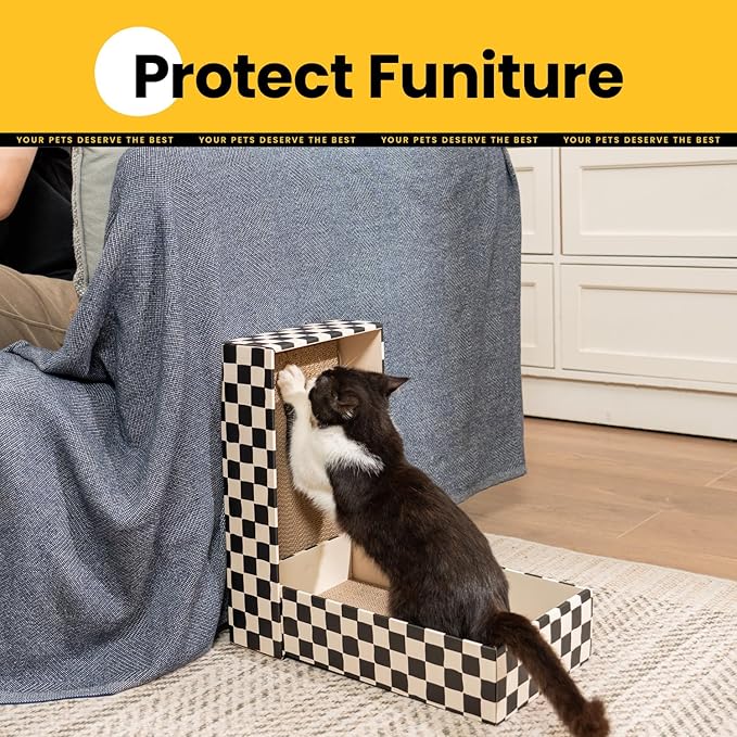 Conlun Cat Scratcher Box with 4 Scratching Pads&2 Separate Cardboard Boxes,2-in-1 Cardboard Cat Scratch for Multiple Kitten Interactive Play,Birthdays Holiday Toys Gift,Checkered-Ball Toy