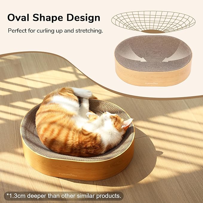 FUKUMARU Cardboard Cat Scratcher Bed, 2-in-1 Oval Cat Scratch Pad, Cats Scratching Board Lounge Bed Indoor, Durable Modern Kitty Scratcher Bowl, Cats Scratch Furniture Protector, Wood Color