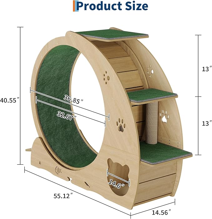4-in-1 Indoor Cat Running Wheel, Large Quiet Running Wheel with Scratch Pad, Play Roller & Stable Wood Base for Active Cats