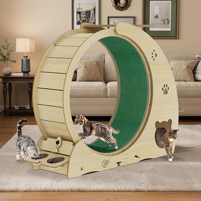 4-in-1 Indoor Cat Running Wheel, Large Quiet Running Wheel with Scratch Pad, Play Roller & Stable Wood Base for Active Cats