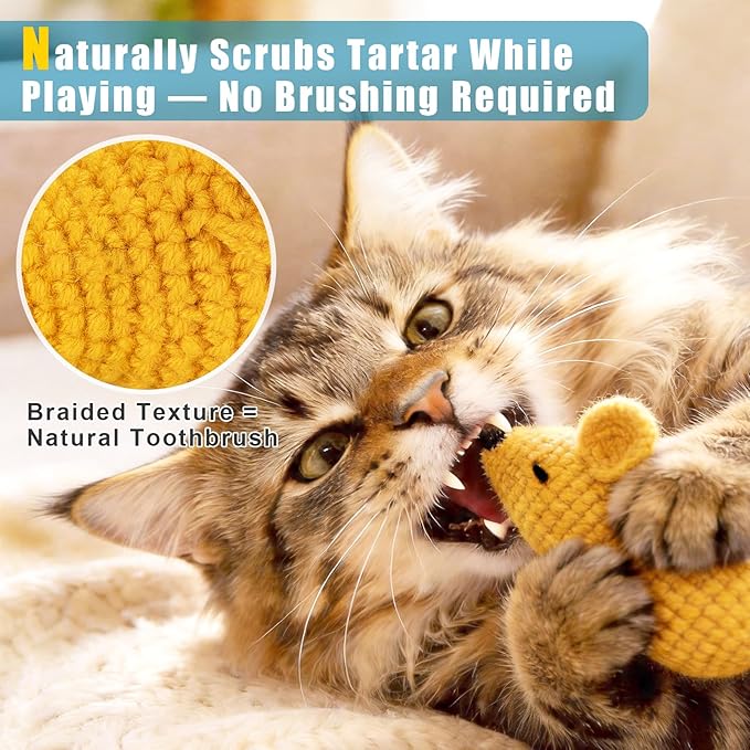 Retro Shaw Catnip Toys Crochet Mice Cat Toys, 3 Pcs Durable Yarn Cat Mouse Toys for Indoor Cats, Stuffed with Natural Catnip & Silvervine Blend, Handmade Interactive Kitten Chew Toy for Teeth Cleaning