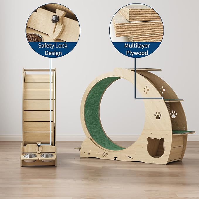 4-in-1 Indoor Cat Running Wheel, Large Quiet Running Wheel with Scratch Pad, Play Roller & Stable Wood Base for Active Cats