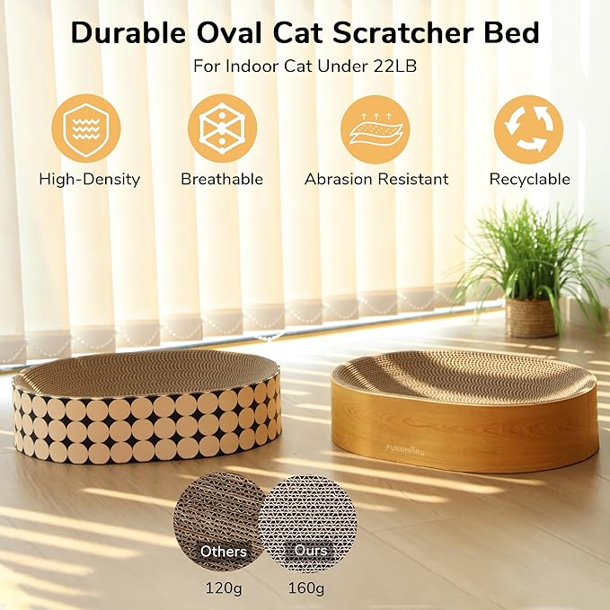 FUKUMARU Cardboard Cat Scratcher Bed, 2-in-1 Oval Cat Scratch Pad, Cats Scratching Board Lounge Bed Indoor, Durable Modern Kitty Scratcher Bowl, Cats Scratch Furniture Protector, Wood Color