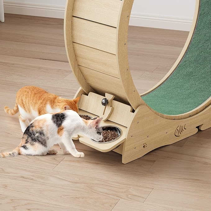 4-in-1 Indoor Cat Running Wheel, Large Quiet Running Wheel with Scratch Pad, Play Roller & Stable Wood Base for Active Cats