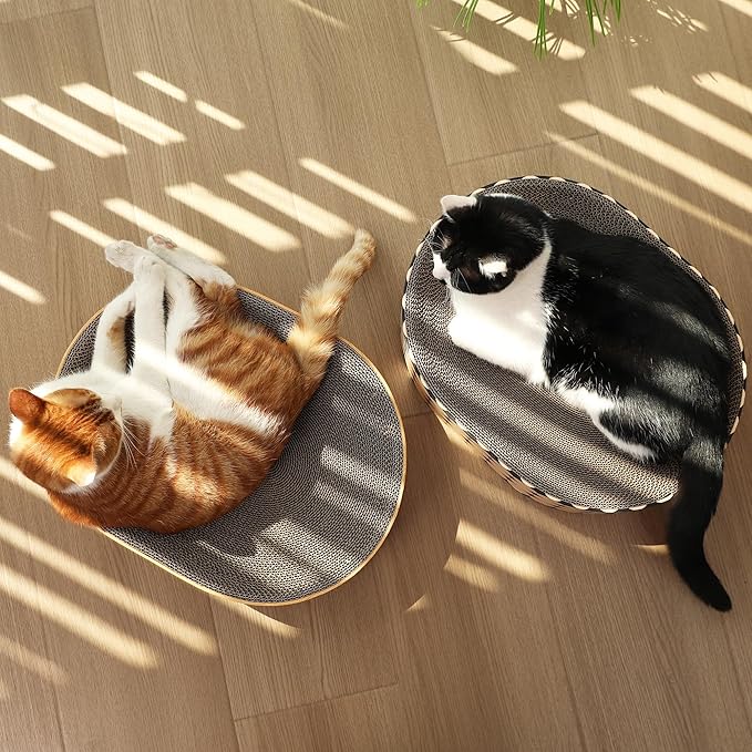FUKUMARU Cardboard Cat Scratcher Bed, 2-in-1 Oval Cat Scratch Pad, Cats Scratching Board Lounge Bed Indoor, Durable Modern Kitty Scratcher Bowl, Cats Scratch Furniture Protector, Wood Color